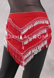 Deep "V" Beaded Loop Egyptian Hip Scarf - Red with Silver and Red