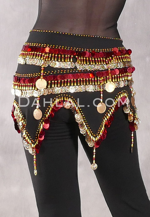 Egyptian Wave Teardrop Hip Scarf with Coins and Paillettes - Black with Gold and Red