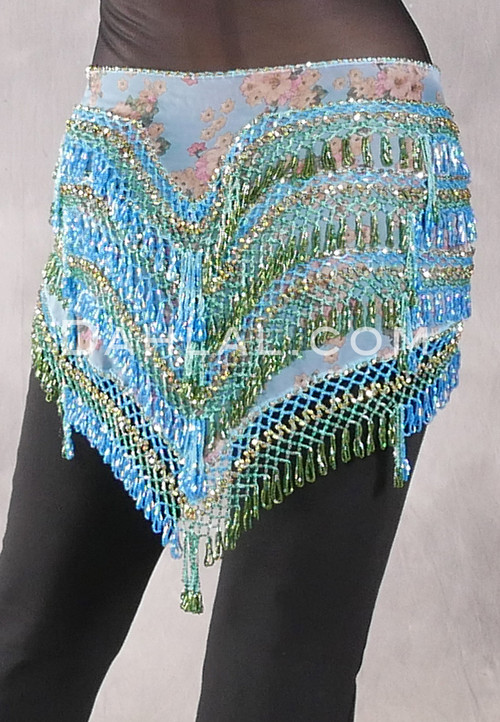 Deep "V" Beaded Loop Egyptian Hip Scarf - Floral with Turquoise Iris, Green and Gold