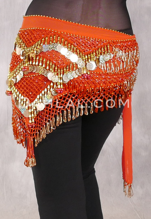 Egyptian Deep V Beaded Hip Wrap and Teardrop Beads - Orange with Orange and Gold