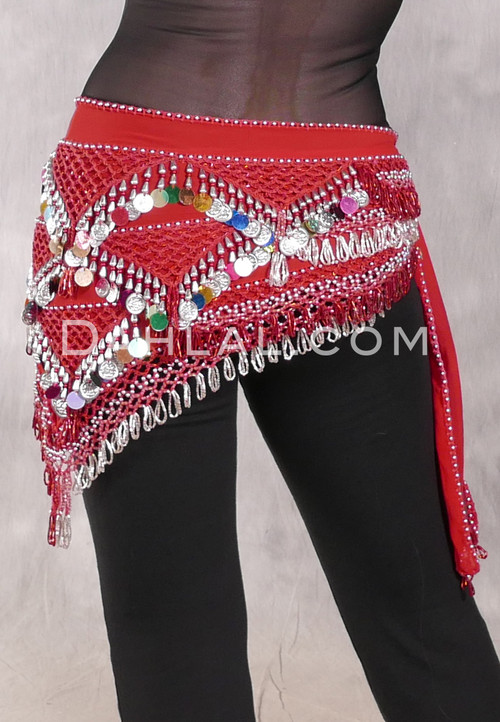 Egyptian Deep V Beaded Hip Wrap and Teardrop Beads - Red with Red, Silver and Multi-color