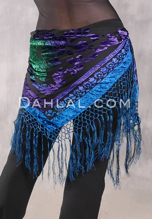 Burnout Velvet Shawl With Crocheted Fringe - Black with Purple, Blue and Green