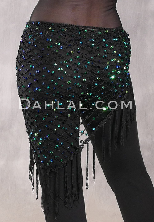 Sequin Crocheted Shawl - Green Iris on Black