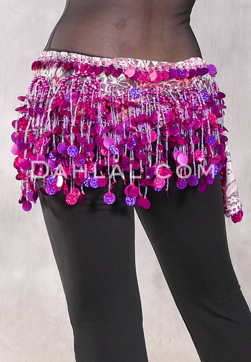 SAQQARA Egyptian Beaded Paillette Hip Scarf - Pastel Lace with Fuchsia