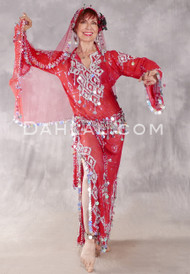 Egyptian Assuit Beledi Dress - Red and Silver