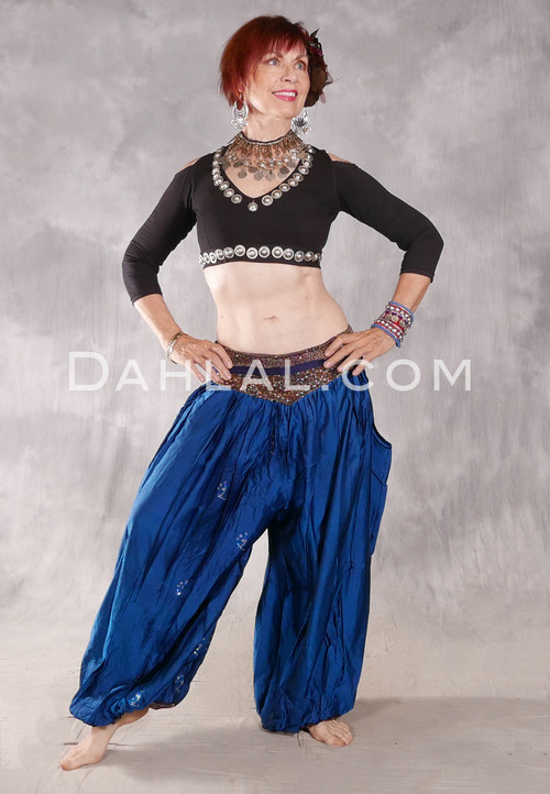 LUNA JADE Draped Silk Brocade Harem Pant - Medium Blue