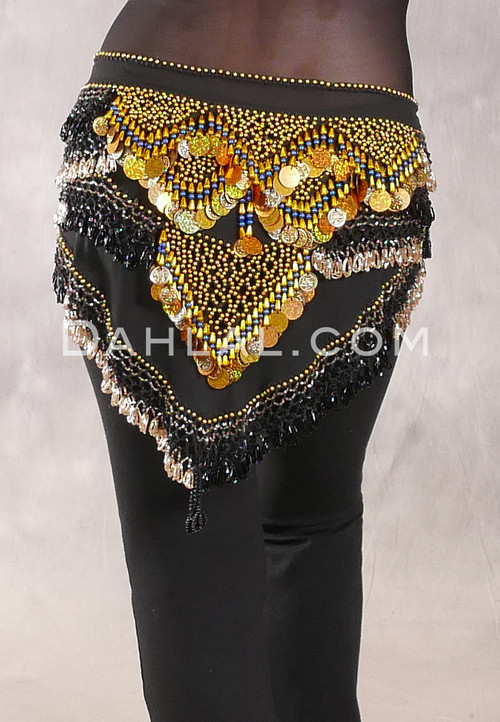Egyptian Deep V Beaded Hip Wrap and Teardrop Beads - Black with Gold, Black and Royal Blue