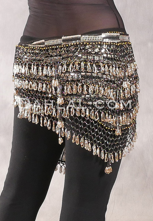 Deep "V" Beaded Loop Egyptian Hip Scarf - Black and Gold with Gold