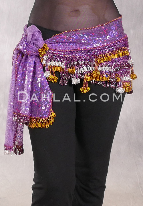 Beaded 3-Row Egyptian Sequin Hip Scarf - Purple with Silver, Cream Iris and Amethyst