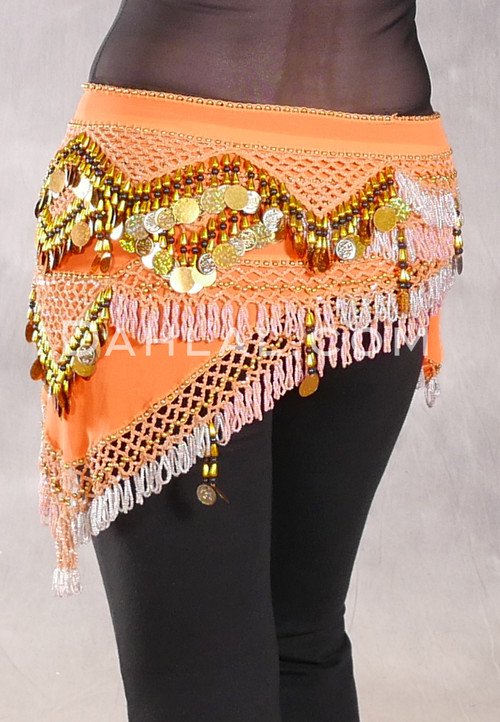 Egyptian Deep V Beaded Hip Wrap and Teardrop Beads - Orange with Gold, Silver, Apricot and Black