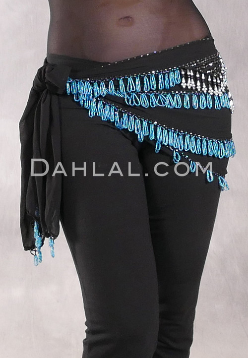 Egyptian Deep V Beaded Hip Wrap and Teardrop Beads - Black with Silver, Black and Turquoise
