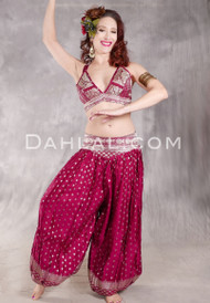 LUNA JADE II Silk Brocade Harem Pant and Small Halter Top Set - Raspberry and Silver