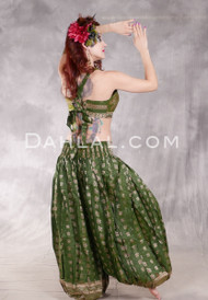 LUNA JADE II Silk Brocade Harem Pant and Medium Halter Top Set - Olive and Gold, #25-03