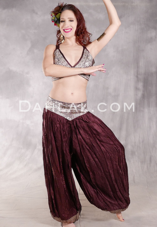 LUNA JADE II Silk Brocade Harem Pant and Medium Halter Top Set - Warm Chocolate and Silver