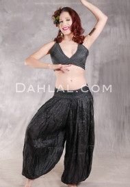 LUNA JADE II Silk Brocade Harem Pant and Medium Halter Top Set - Black and Dark Steel Blue