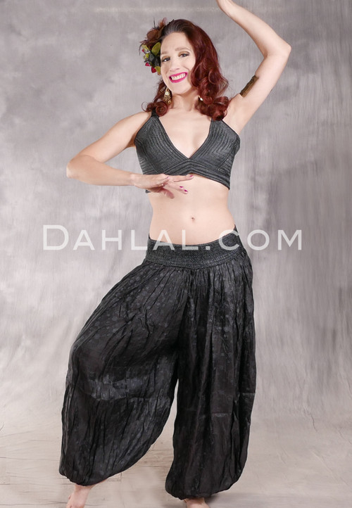 LUNA JADE II Silk Brocade Harem Pant and Medium Halter Top Set - Black and Dark Steel Blue