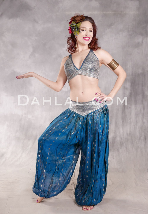 LUNA JADE II Silk Brocade Harem Pant and Small Halter Top Set - Medium Blue and Silver