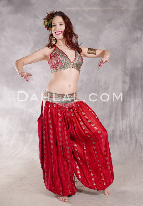 LUNA JADE II Silk Brocade Harem Pant and Small Halter Top Set - Red, Green and Silver