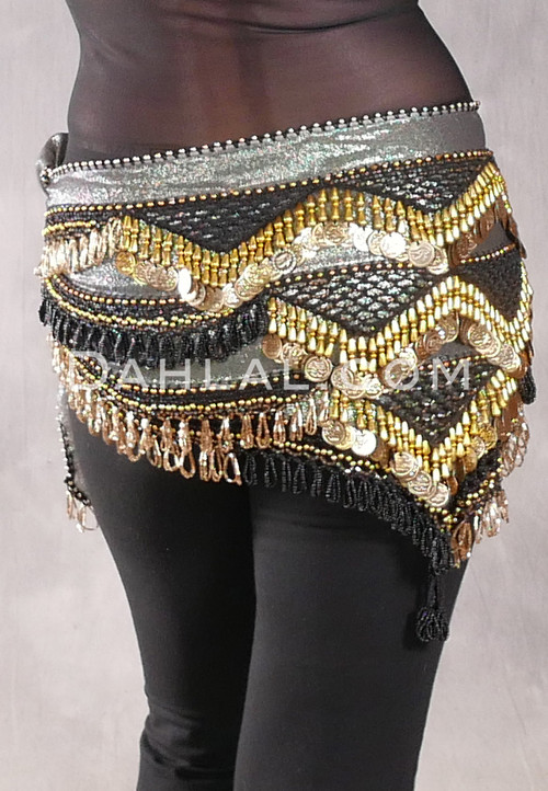 GRAND PYRAMID Egyptian Bead and Coin Hip Scarf - Metallic with Gold and Black