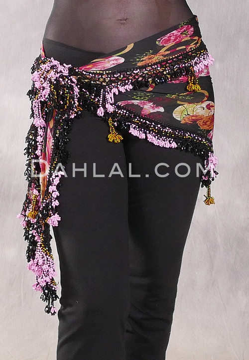 DYNASTY Wide Row Beaded Hip Scarf - Floral Print with Metallic Gold, Pink and Black