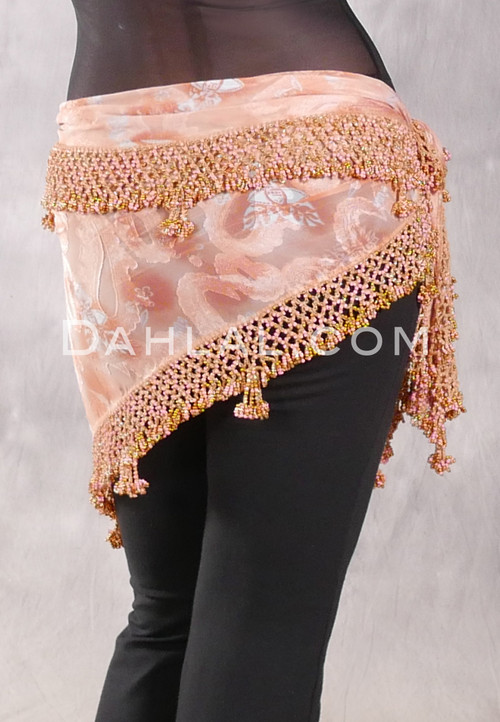 DYNASTY Wide Row Beaded Hip Scarf - Soft Coral Paisley with Coral and Gold