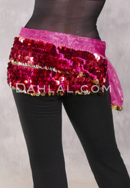 Two Layer Paillette and Coin Egyptian Hip Scarf - Fuchsia and Rose with Gold