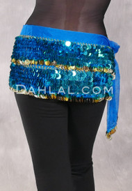 Two Layer Paillette and Coin Egyptian Hip Scarf - Turquoise and Blue with Gold