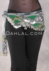 Egyptian Hip Scarf With Beads And Coins - Graphic Print with Silver, Green and Olive Iris