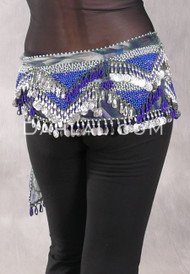 Egyptian Hip Scarf With Beads And Coins - Graphic Print with Silver, Royal Blue and Purple