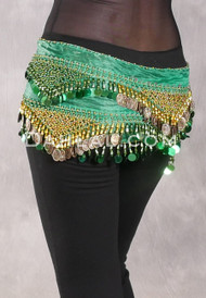 Egyptian Hip Scarf With Beads And Coins - Green and Gold