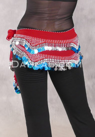 Egyptian Hip Scarf With Beads And Coins - Red with Turquoise and Silver
