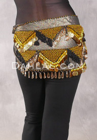 Egyptian Hip Scarf With Beads And Coins - Metallic Antique Gold with Gold and Black