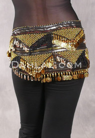 Egyptian Hip Scarf With Beads And Coins - Metallic Stripe with Gold and Black