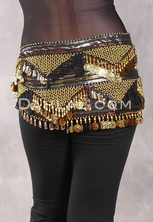 Egyptian Hip Scarf With Beads And Coins - Metallic Stripe with Gold and Black