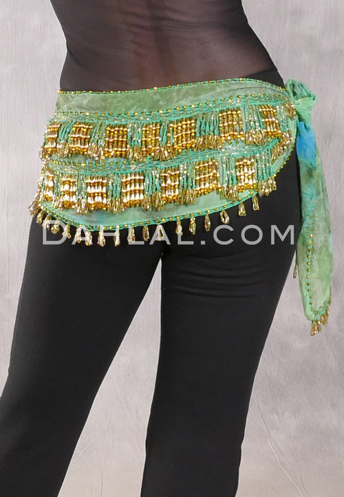 Egyptian Hip Scarf with Beads - Watercolor Print with Gold