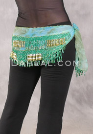 Egyptian Hip Scarf with Beads - Watercolor Print with Gold and Green Iris, #26-15