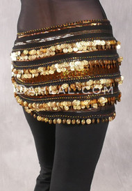 Five Row Egyptian Coin Hip Scarf - Metallic Black and Gold Stripe with Gold