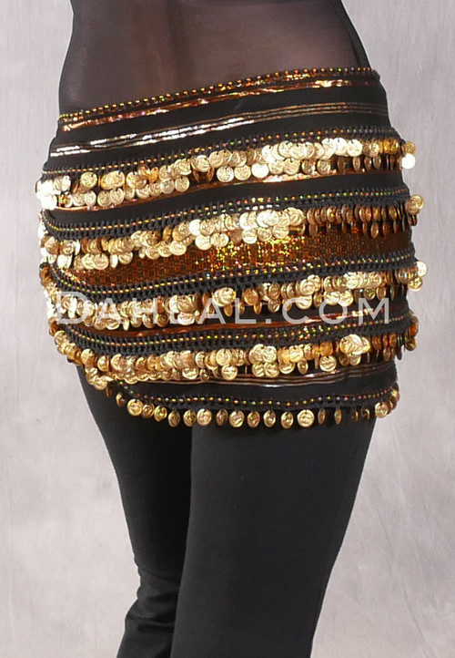 Five Row Egyptian Coin Hip Scarf - Metallic Black and Gold Stripe with Gold