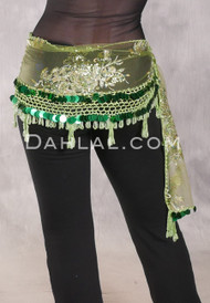 LUXOR WAVE Egyptian Hip Scarf - Olive with Green, Lime and Gold