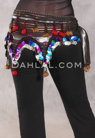 Egyptian Wave Hip Scarf with Coins and Beads - Metallic Stripe with Multi-color and Gold
