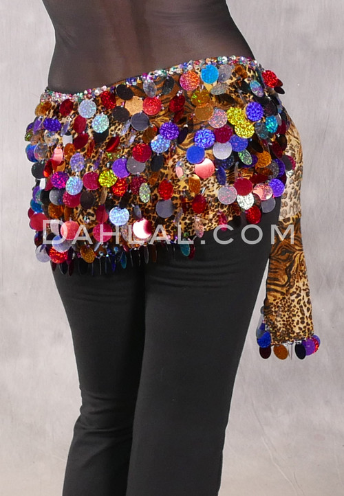Egyptian Hip Wrap with Paillettes - Golden Animal Print with Multi-color