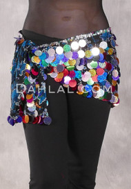 Egyptian Floral Mesh Hip Wrap with Paillettes - Black, Turquoise and White with Multi-color