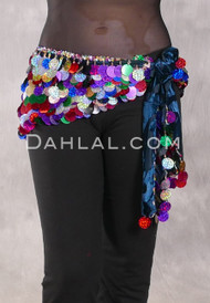 Egyptian Burnout Velvet Hip Wrap with Paillettes - Dark Teal with Multi-color