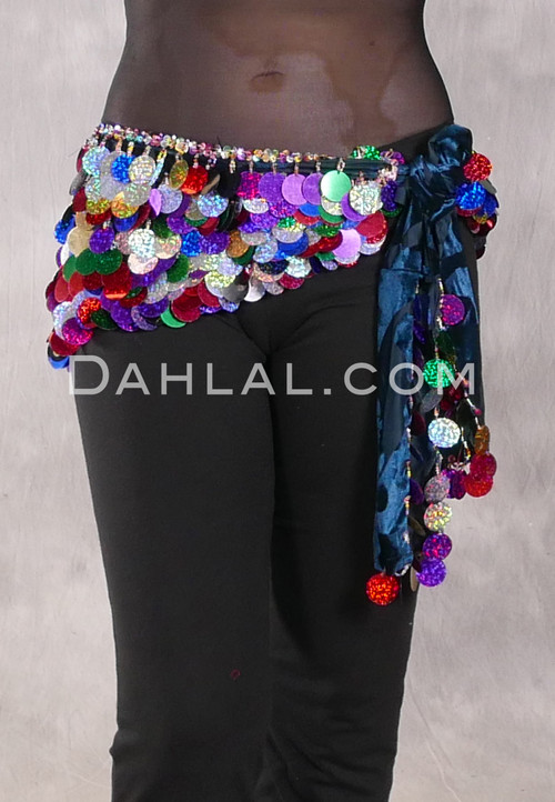Egyptian Burnout Velvet Hip Wrap with Paillettes - Dark Teal with Multi-color