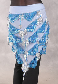 Egyptian Pyramid Multi-Row Bead and Coin Hip Shawl - Light Blue and Silver
