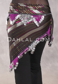 Wide Row Bead and Coin Hip Scarf - Metallic Stripe with Silver and Fuchsia