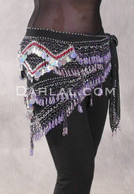 Egyptian Deep V Beaded Hip Wrap and Teardrop Beads - Black with Lavender, Silver and Red