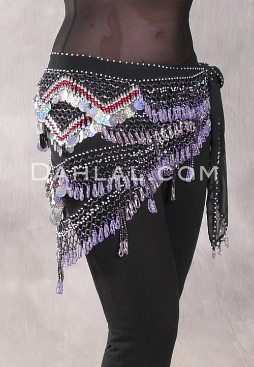 Egyptian Deep V Beaded Hip Wrap and Teardrop Beads - Black with Lavender, Silver and Red