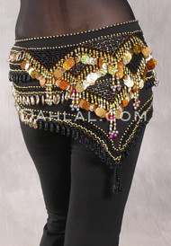 GRAND PYRAMID Egyptian Bead and Coin Hip Scarf - Black with Gold, Black and Fuchsia