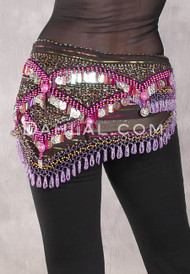 Egyptian Deep V Beaded Hip Wrap and Metallic Beads - Metallic Stripe with Orchid, Fuchsia and Gold